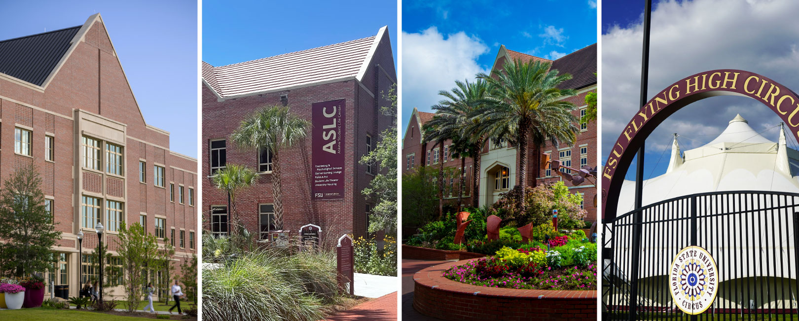 Collage of four outside photos of the Student Union, ASLC, SSB, and the circus tent 